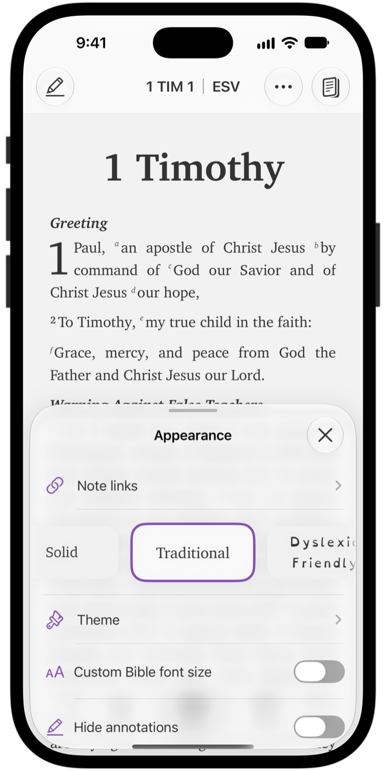 Bible Appearance: note links, reader font, theme, and text size.