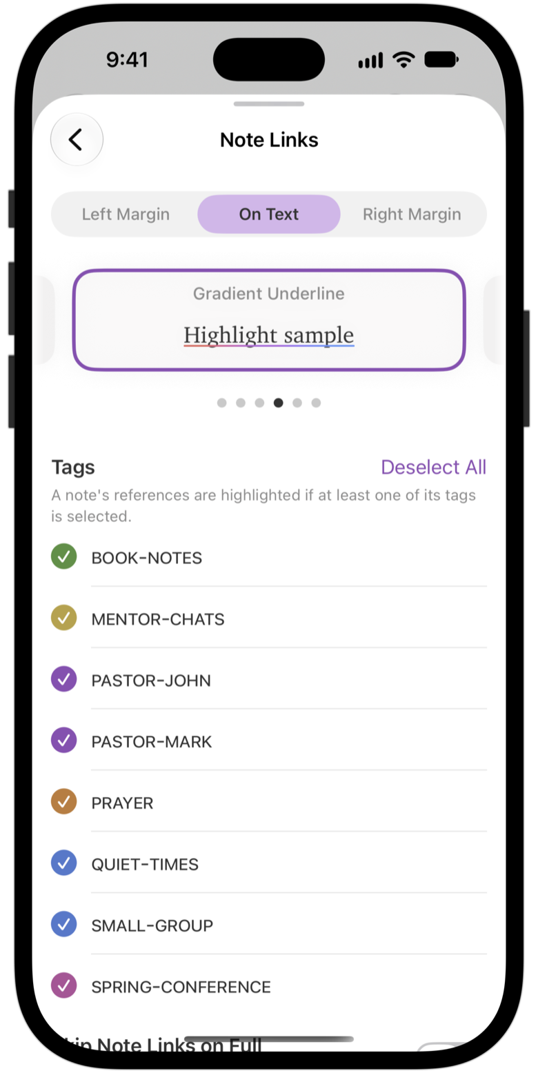 Note Links settings: placement, link style, and the list of tags.