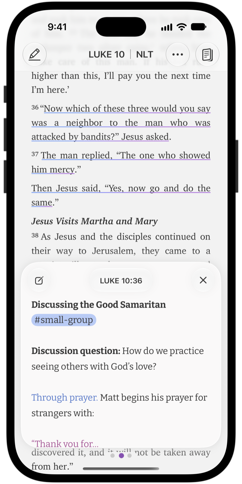 Luke 10 with verses 36–37 underlined and a note on the Good Samaritan open below.