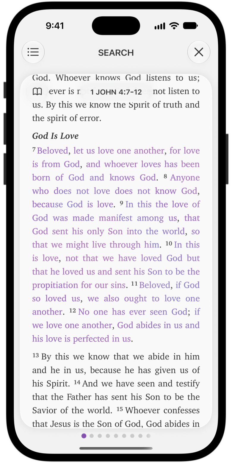 A search result from 1 John 4 shown in context in the full-screen carousel.