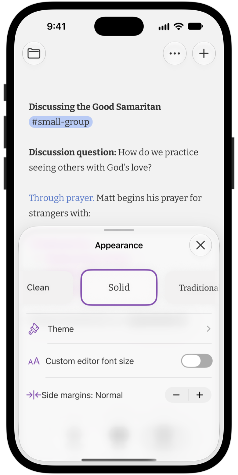 Notes Appearance over an open note: editor font, theme, text size, and side margins.