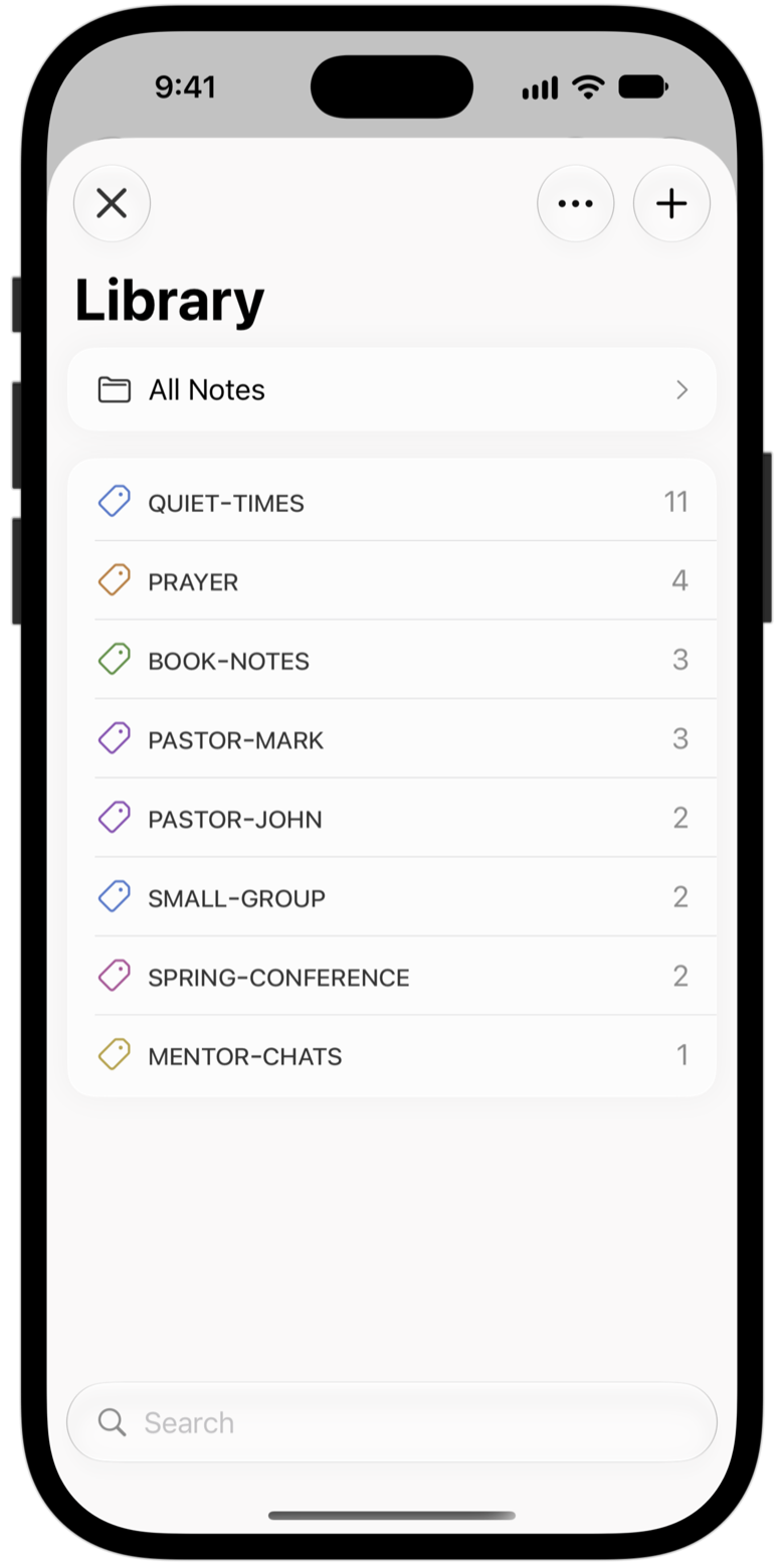 The Library: All Notes and each tag with its note count.