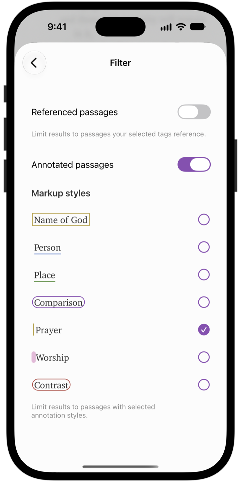 Search filter limited to passages marked with the Prayer style.
