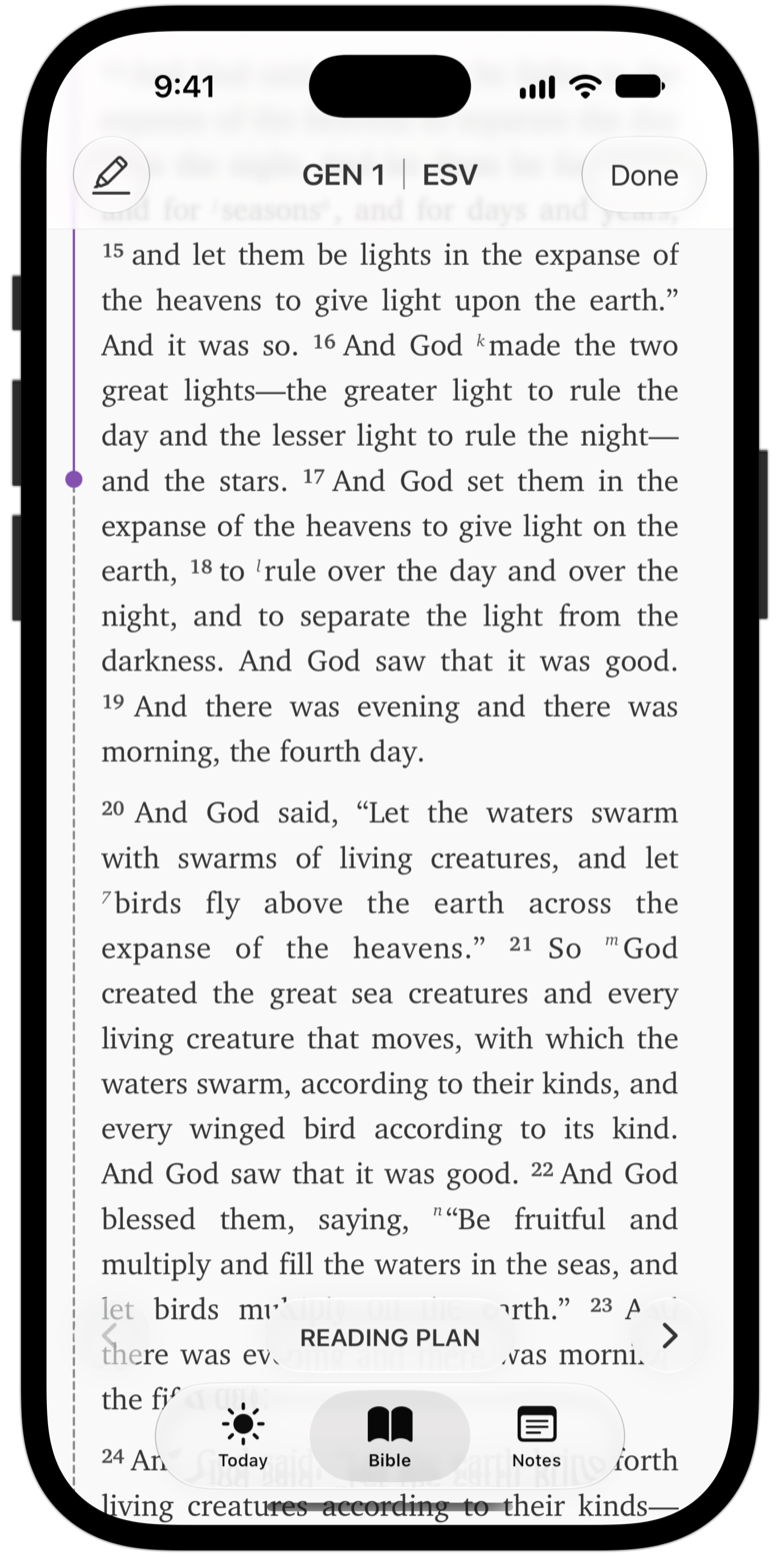 Genesis 1 in reading plan mode, with a progress line in the margin.